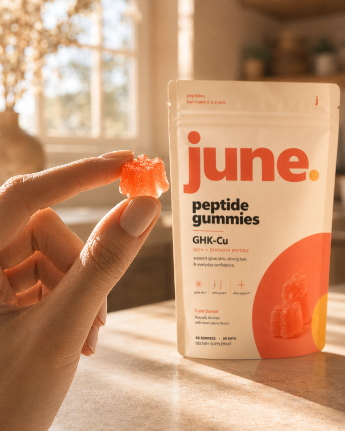 Hand holding a June gummy in morning light