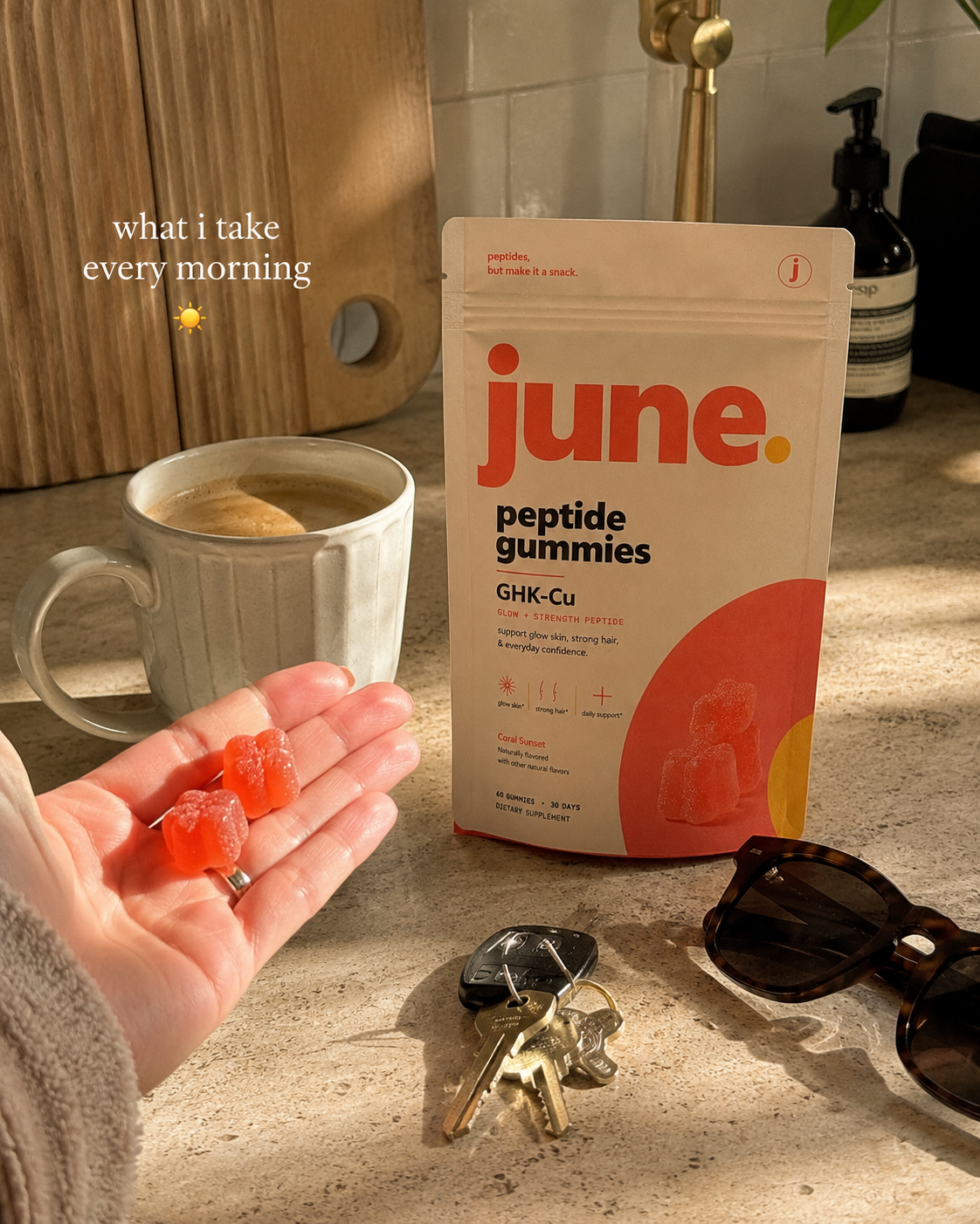 Flat-lay of a morning routine with June gummies