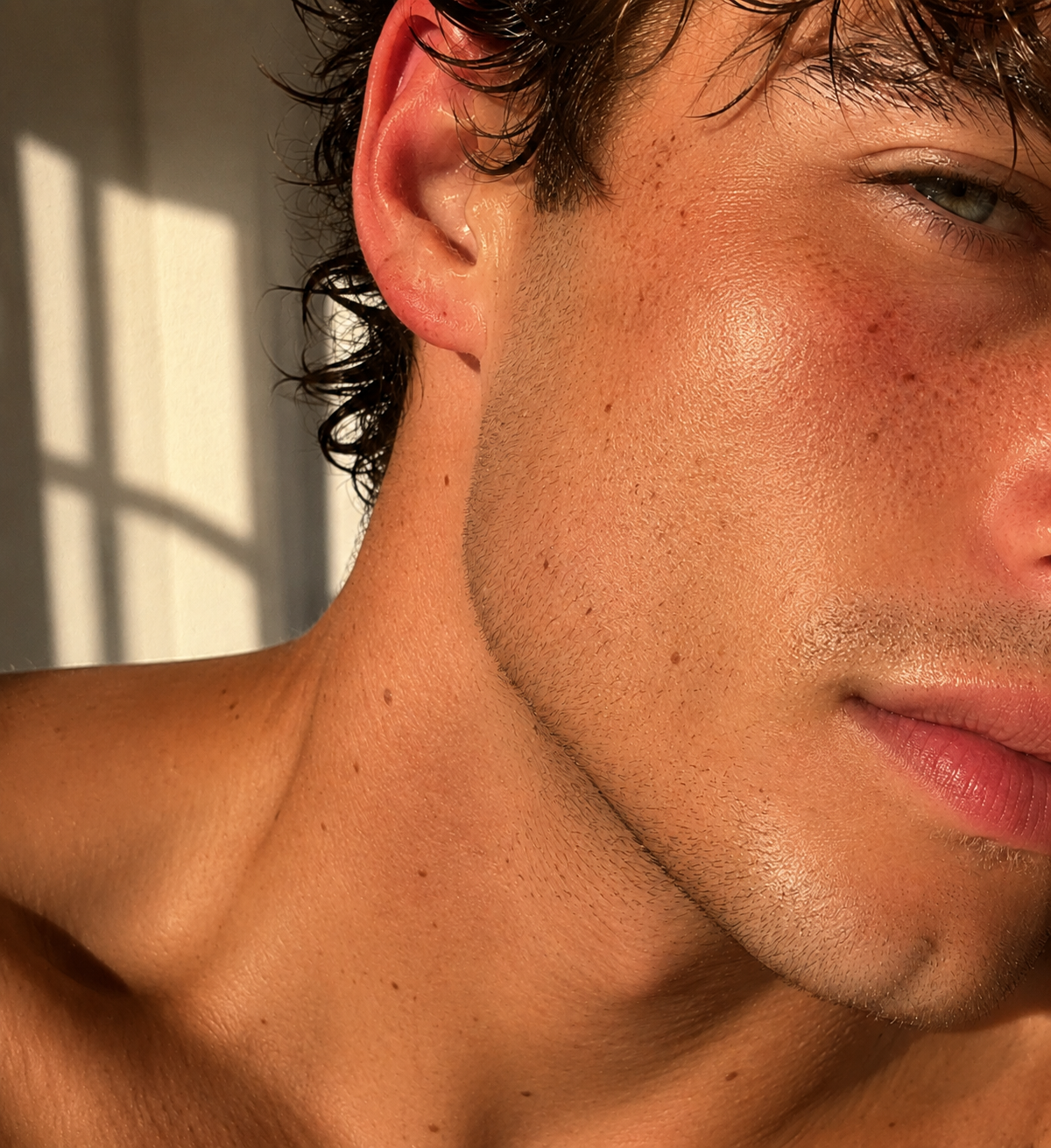 Dewy, glowing skin in warm golden light